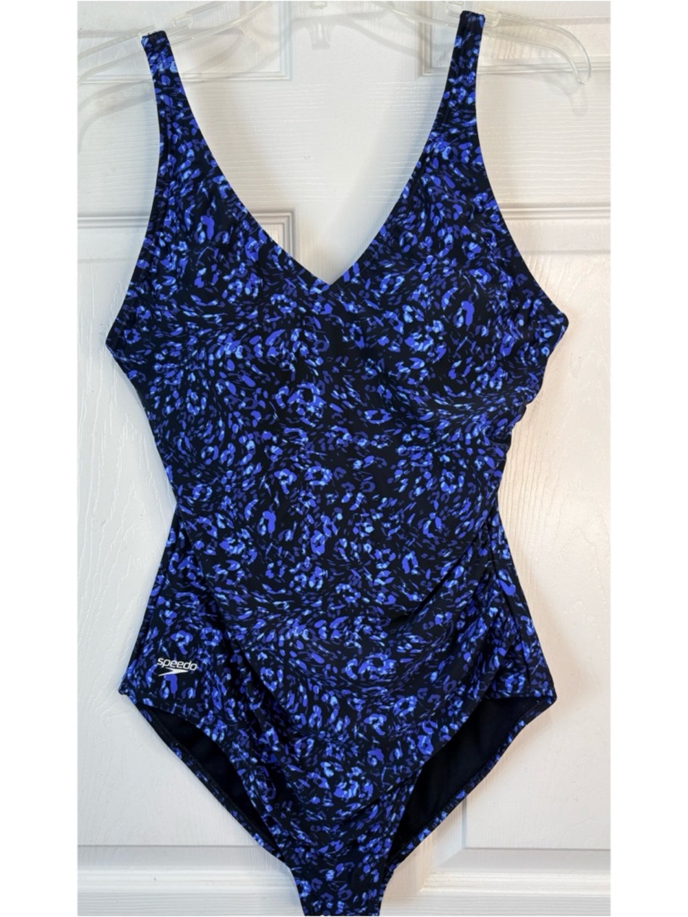 Speedo One Piece Swimsuit Ruched Blue Black Leopard Print Size 14